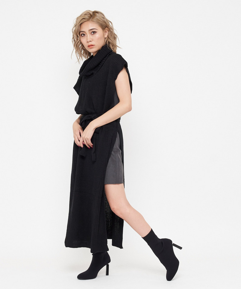 フレンチスリーブスリットニットワンピース 詳細画像 ブラック 1