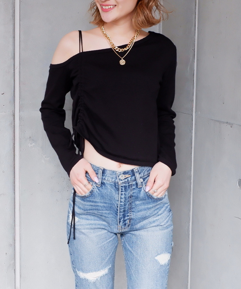 ワンショルダードロストニット 詳細画像 ブラック 1