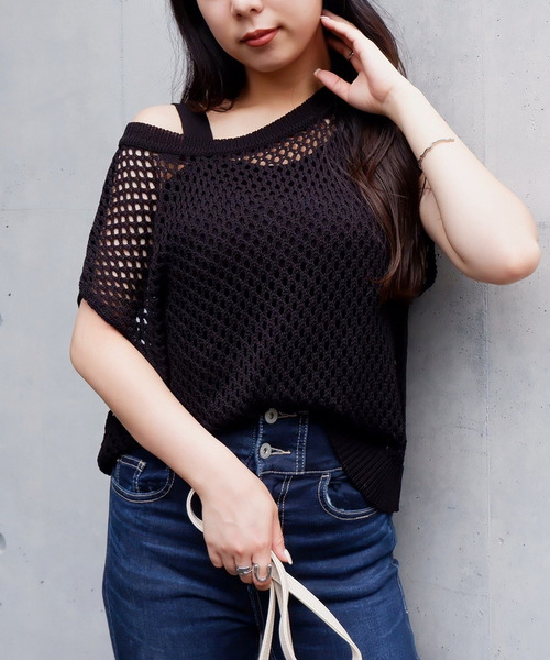 透かし編みアシメショルダーレイヤードニット 詳細画像