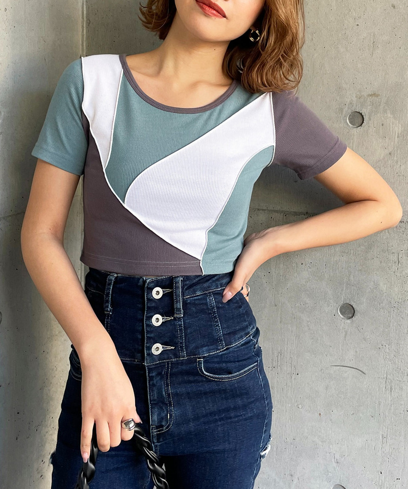 ミックスパターンリブトップス 詳細画像 グリーン系 1