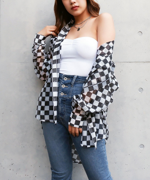 チェッカー柄シースルーオーバーシャツ 詳細画像