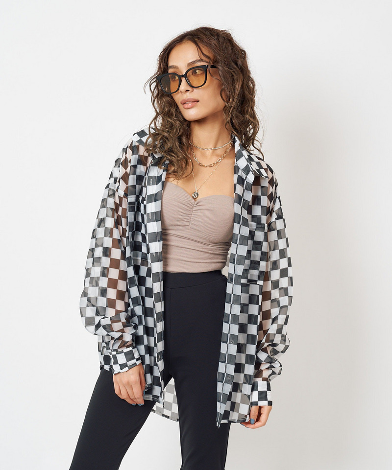 チェッカー柄シースルーオーバーシャツ 詳細画像 ブラック系 4