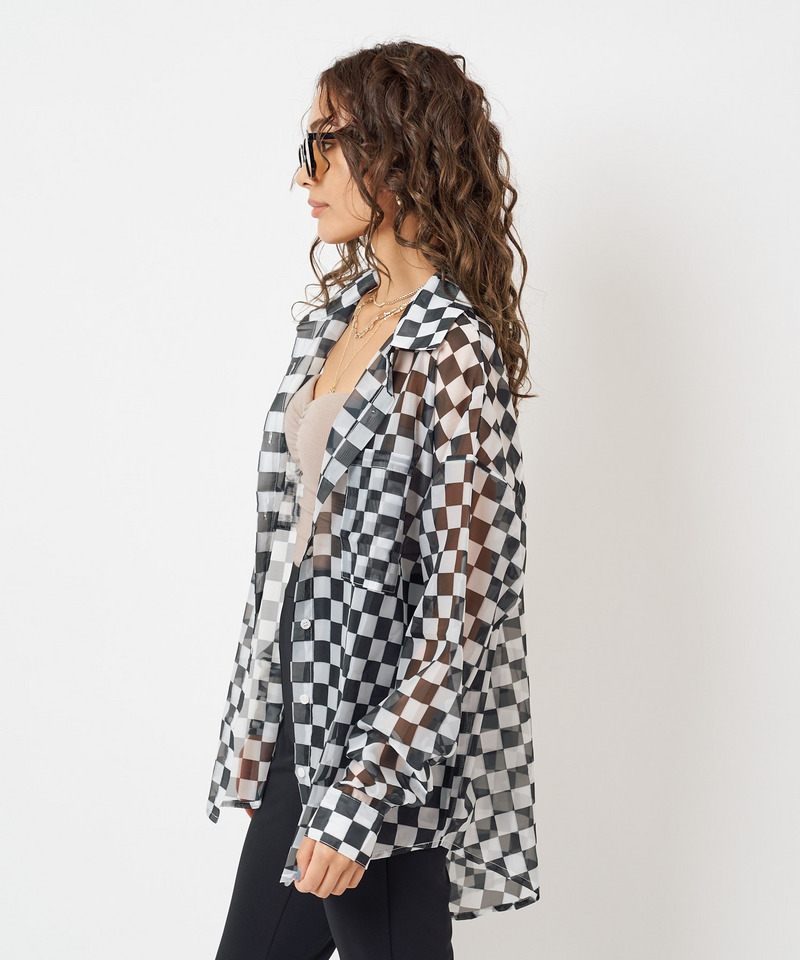 チェッカー柄シースルーオーバーシャツ 詳細画像 ブラック系 5