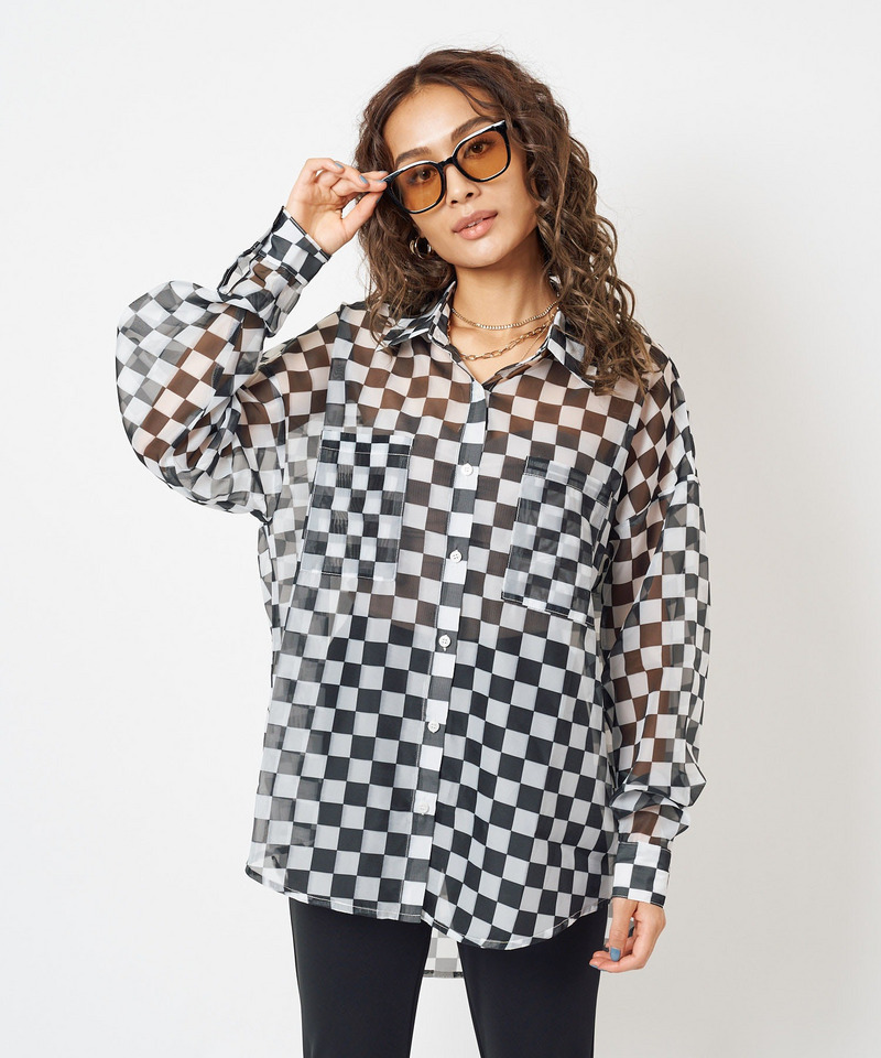 チェッカー柄シースルーオーバーシャツ 詳細画像 ブラック系 7
