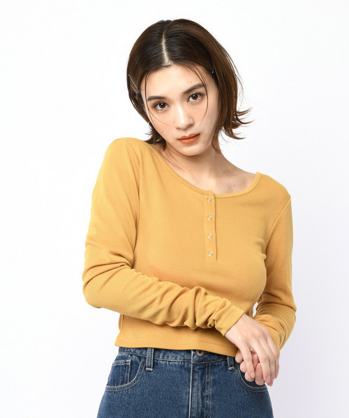 バックオープンヘンリーネックリブトップス 詳細画像