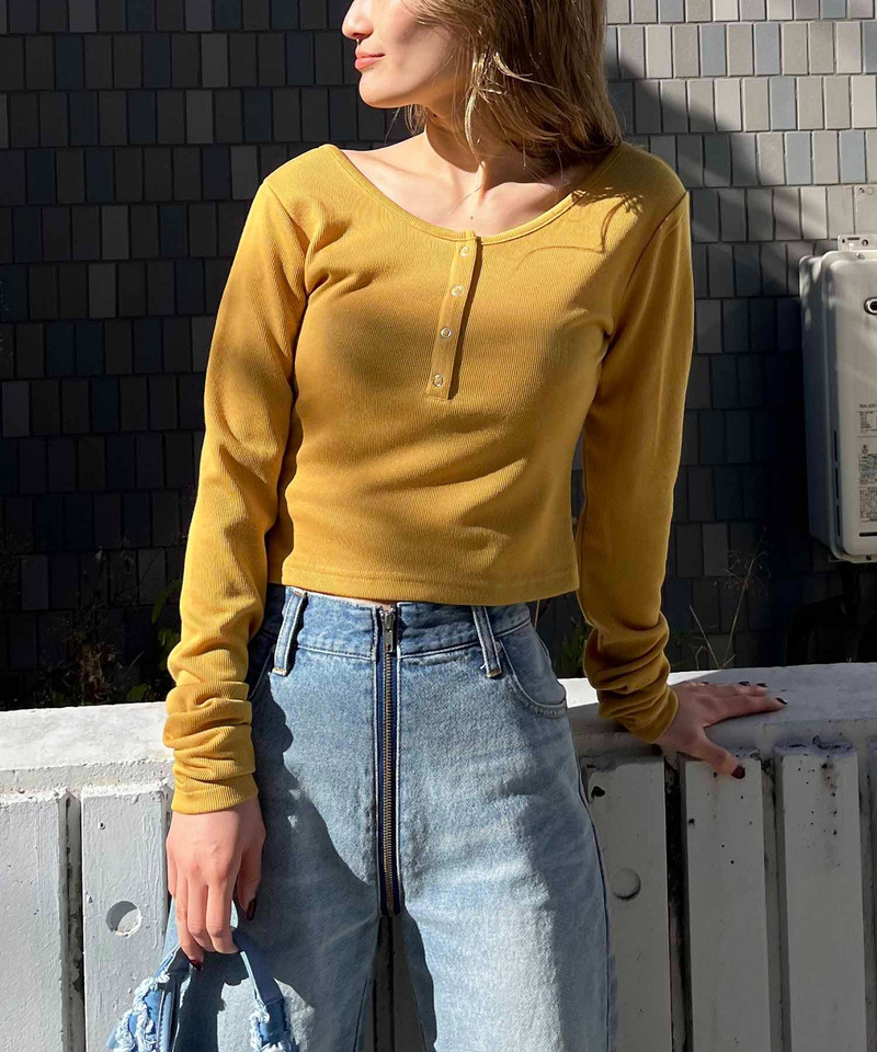 バックオープンヘンリーネックリブトップス 詳細画像 イエロー 3