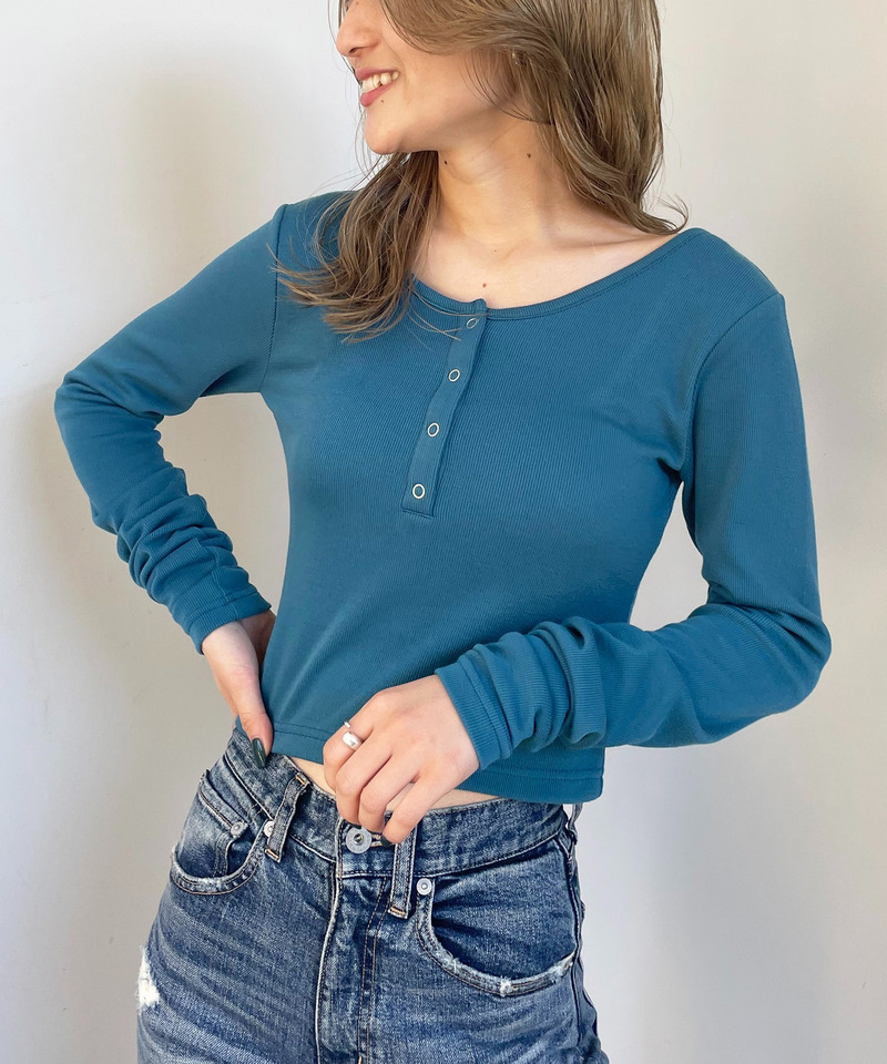 バックオープンヘンリーネックリブトップス 詳細画像 ブルー 1