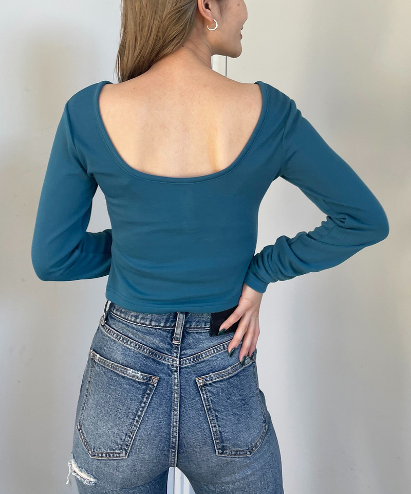バックオープンヘンリーネックリブトップス 詳細画像 ブルー 2