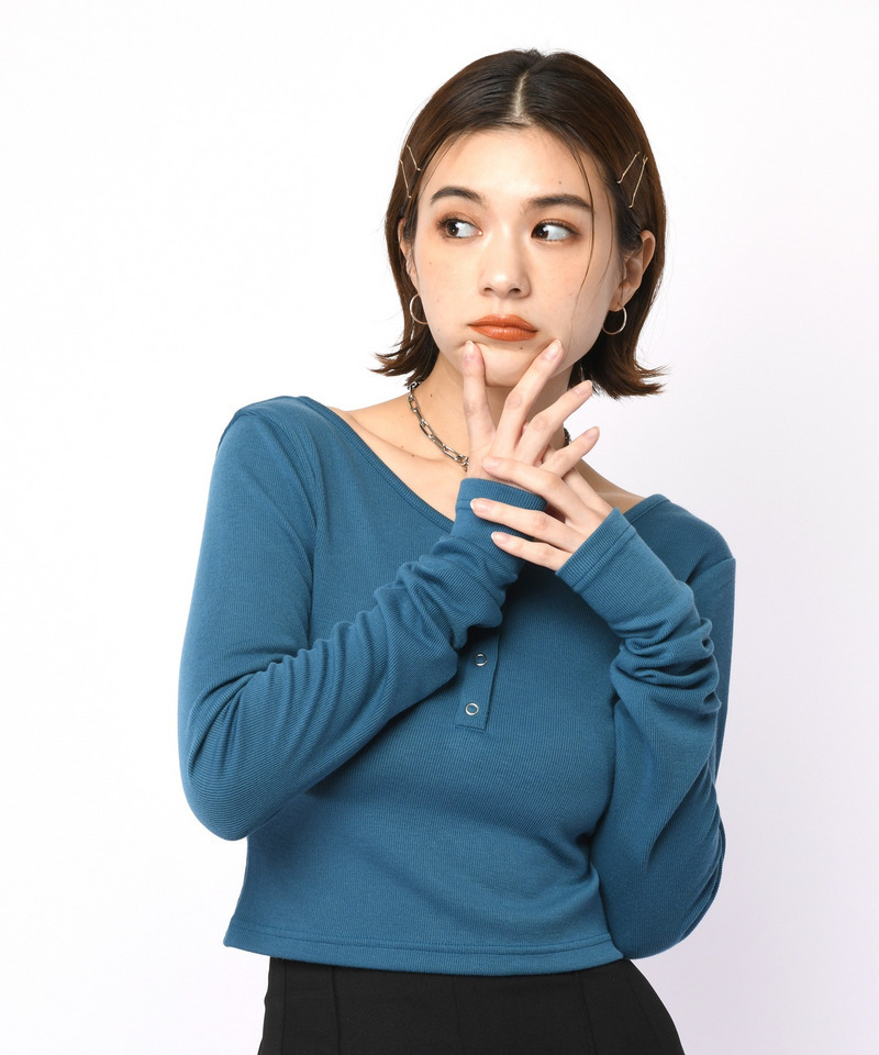 バックオープンヘンリーネックリブトップス 詳細画像 ブルー 3