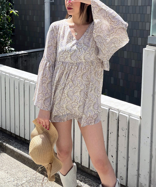 ペイズリー柄ラメストライプフレアブラウス 詳細画像