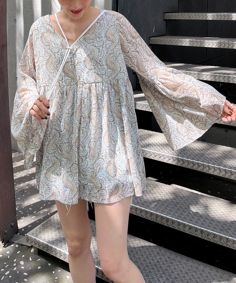 ペイズリー柄ラメストライプフレアブラウス 詳細画像 ブルー系 1