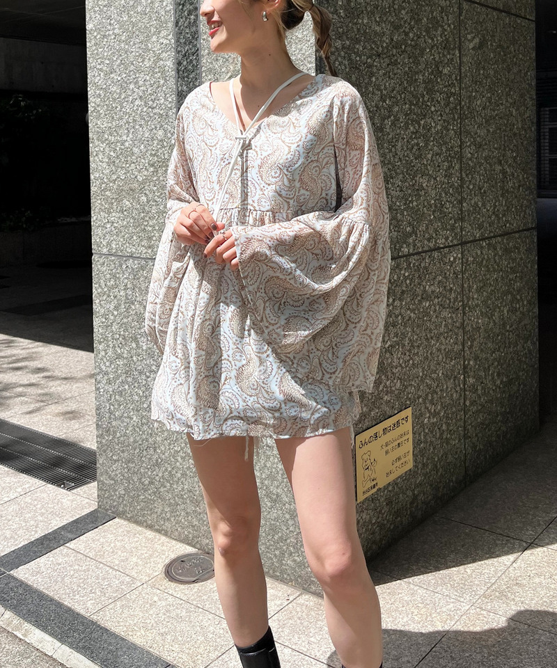 ペイズリー柄ラメストライプフレアブラウス 詳細画像 ブルー系 4