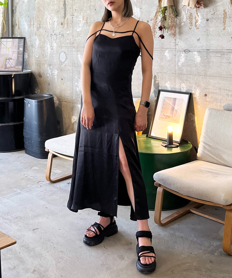 ヴィンテージサテンストラップマキシキャミワンピース 詳細画像 ブラック 4