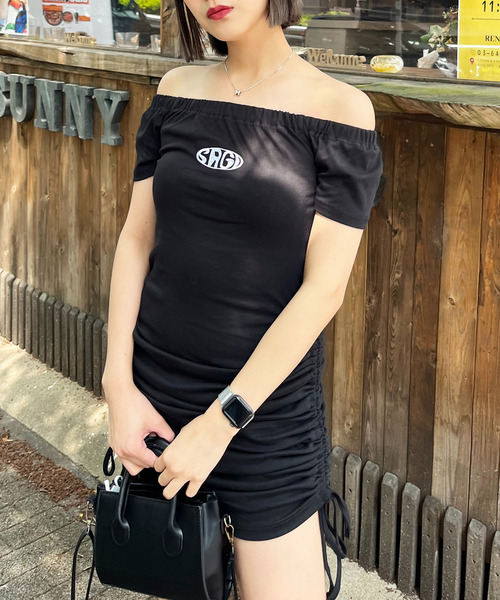 オフショルギャザータイトワンピース 詳細画像