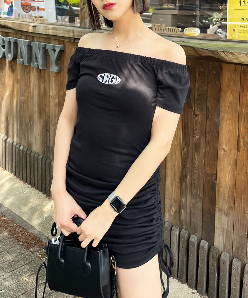 オフショルギャザータイトワンピース 詳細画像 ブラック 1