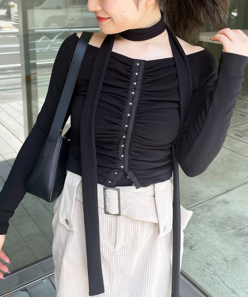 スカーフ付きコルセットホックデザイントップス 詳細画像