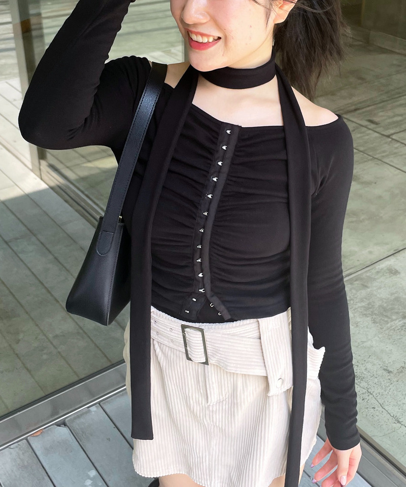 スカーフ付きコルセットホックデザイントップス 詳細画像 ブラック 3