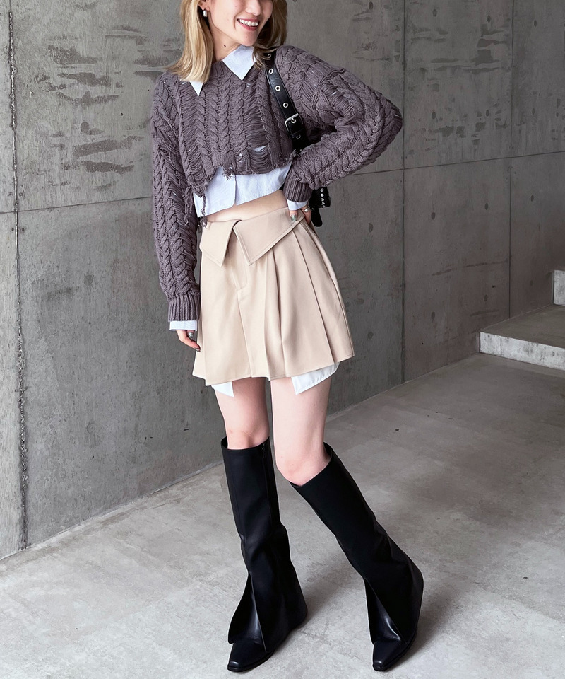 ウエスト折り返しプリーツミニスカート 詳細画像 ベージュ 3