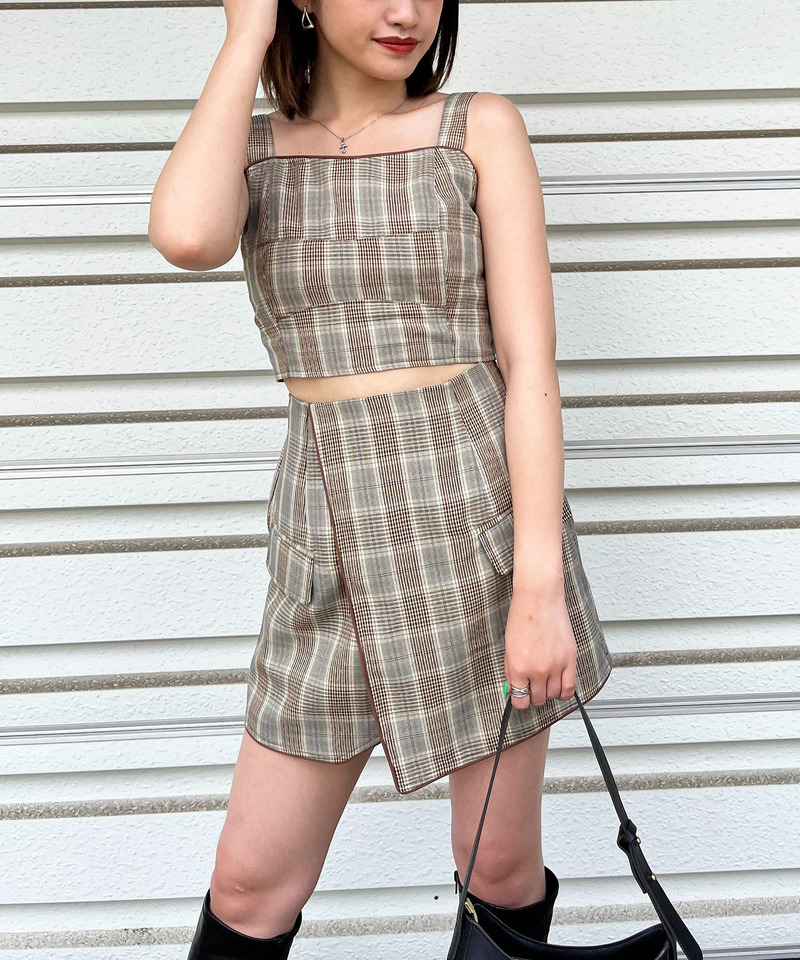 チェック柄ラップ風パイピングスカート 詳細画像 ベージュ系 5