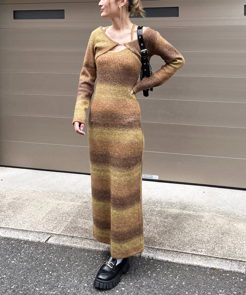 ビット付きボレロアンサンブルニットロングワンピース 詳細画像 モカ 2