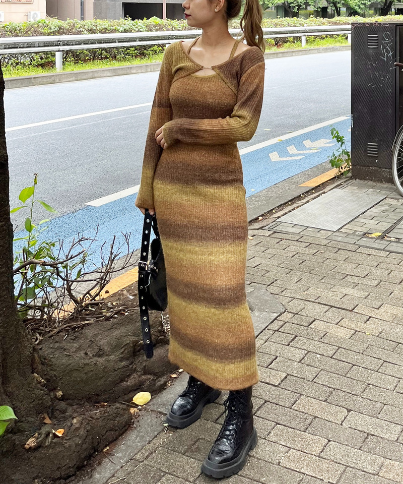 ビット付きボレロアンサンブルニットロングワンピース 詳細画像 モカ 6