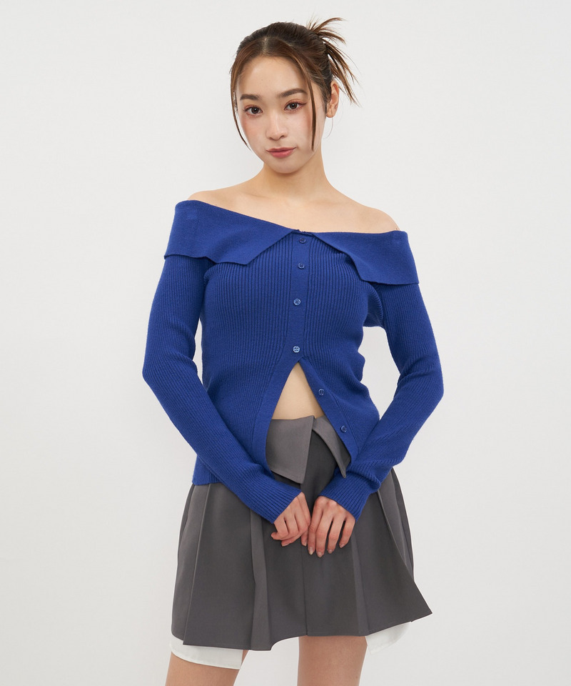 オフショルスリットヘムニットトップス 詳細画像 ブルー 7