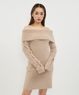 アームオープンオフショルニットワンピース