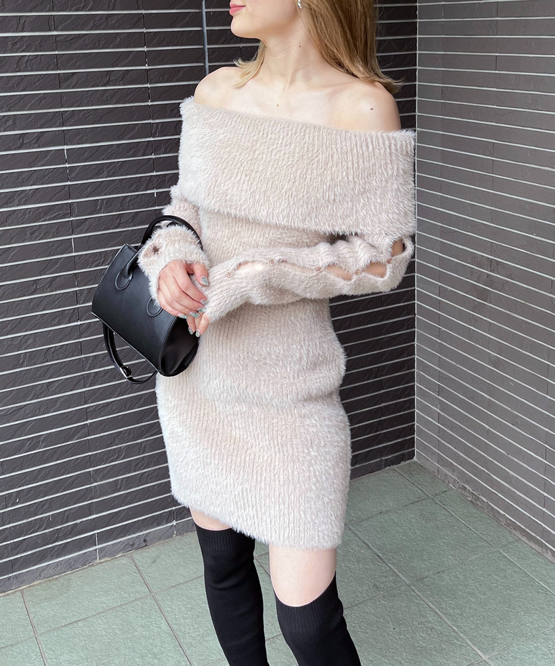 アームオープンオフショルニットワンピース 詳細画像 ベージュ 3