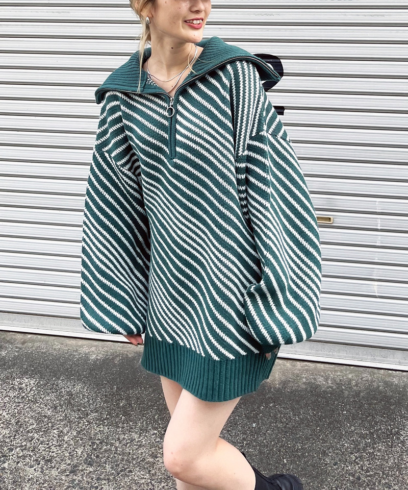 セーラーカラーハーフZIPジャガードニット 詳細画像 グリーン 2