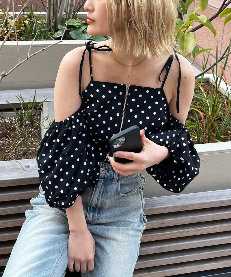 オープンショルダーフロントZIPブラウス 詳細画像 ドット 1