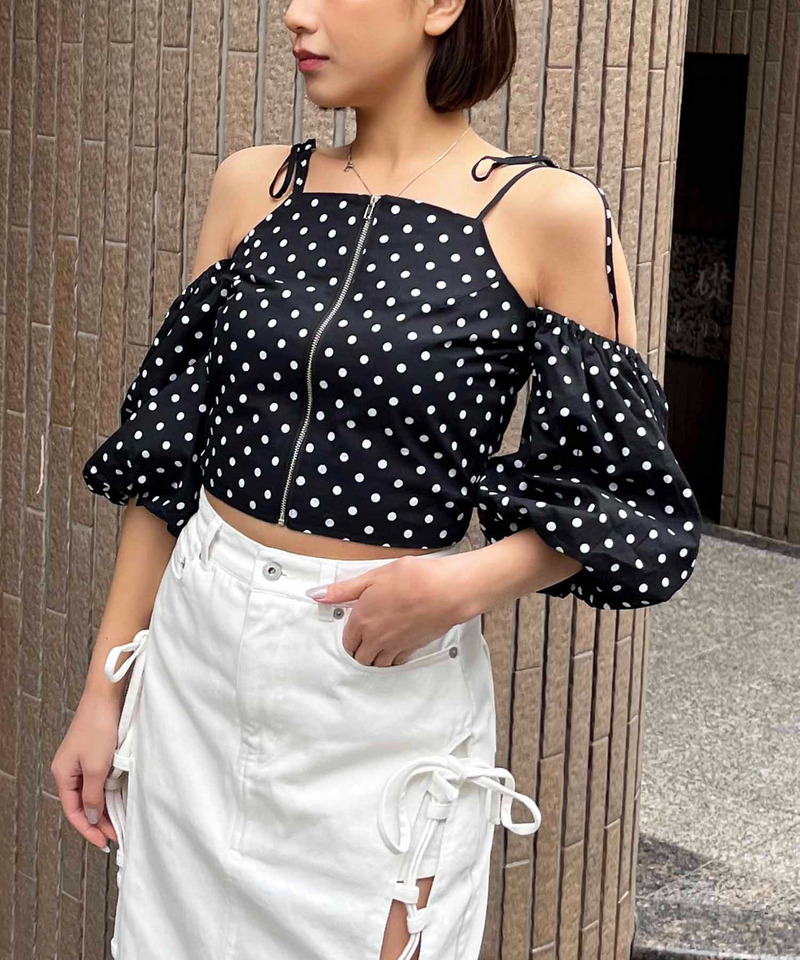 オープンショルダーフロントZIPブラウス 詳細画像 ドット 2