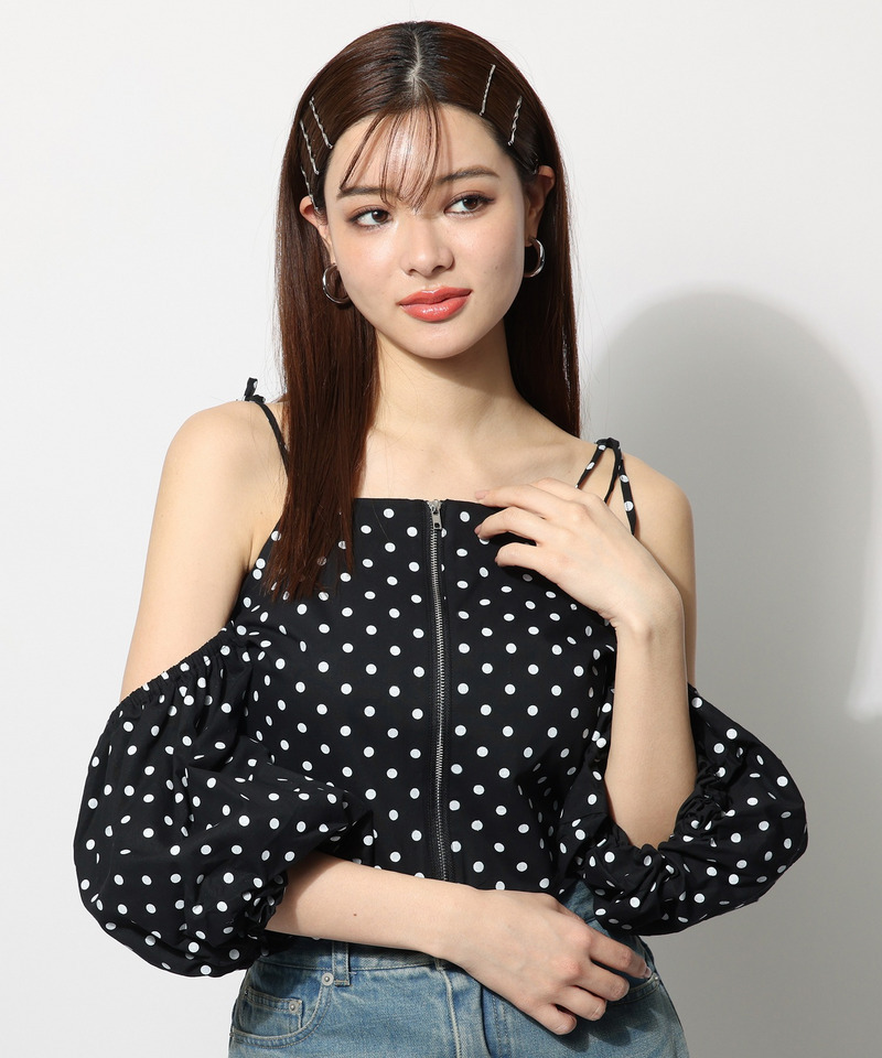 オープンショルダーフロントZIPブラウス 詳細画像 ドット 5