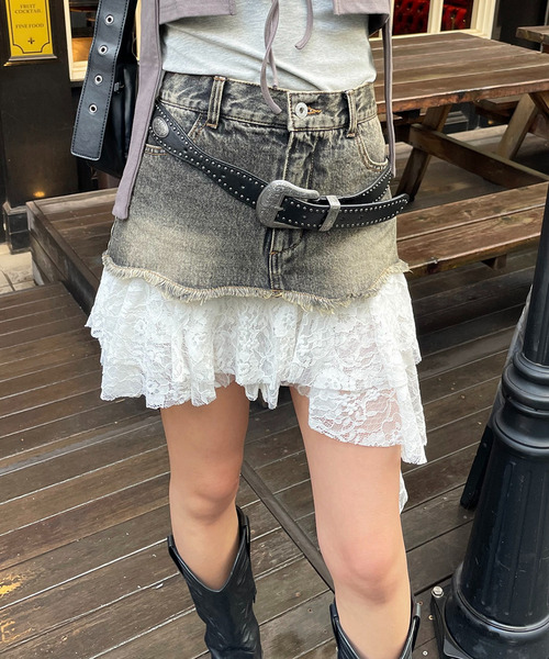 レースドッキングデニムスカート 詳細画像