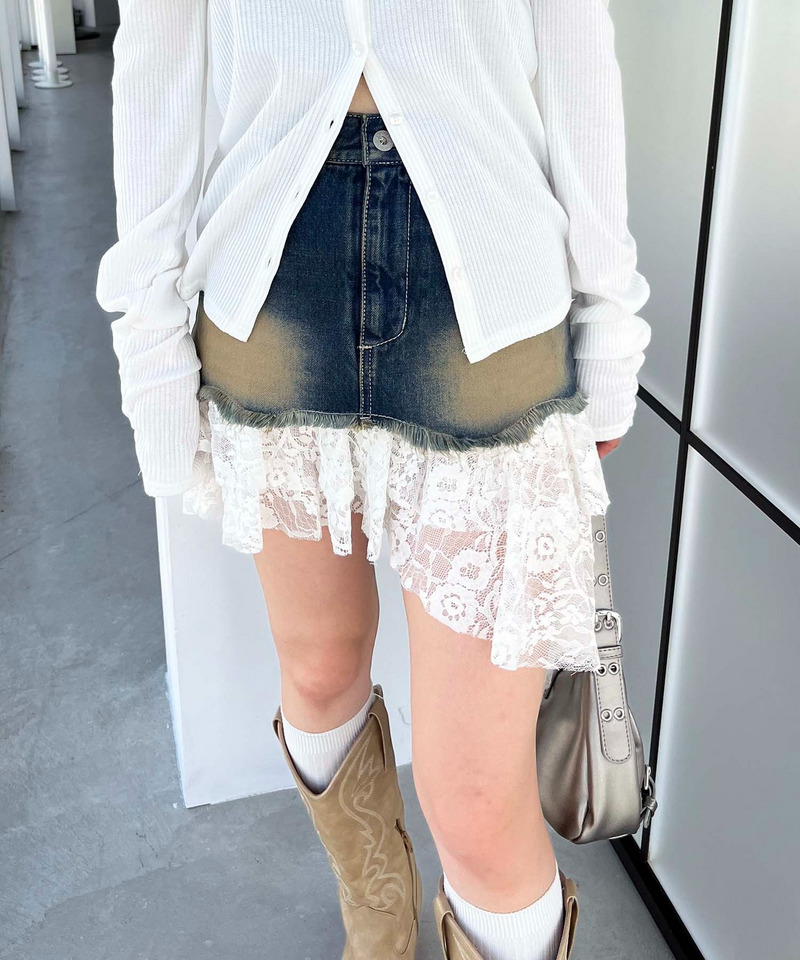 レースドッキングデニムスカート 詳細画像 デニムブルー 2