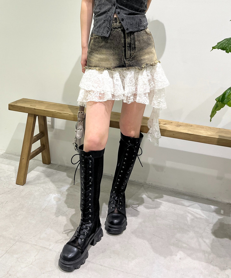 レースドッキングデニムスカート 詳細画像 ブラックデニム 10