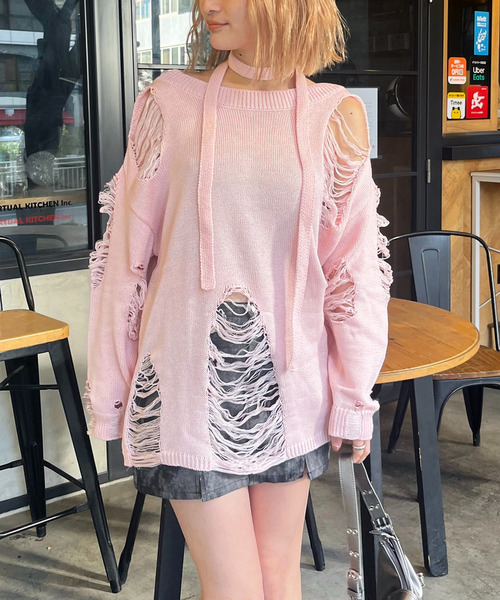 スカーフ付きダメージオーバーニット 詳細画像