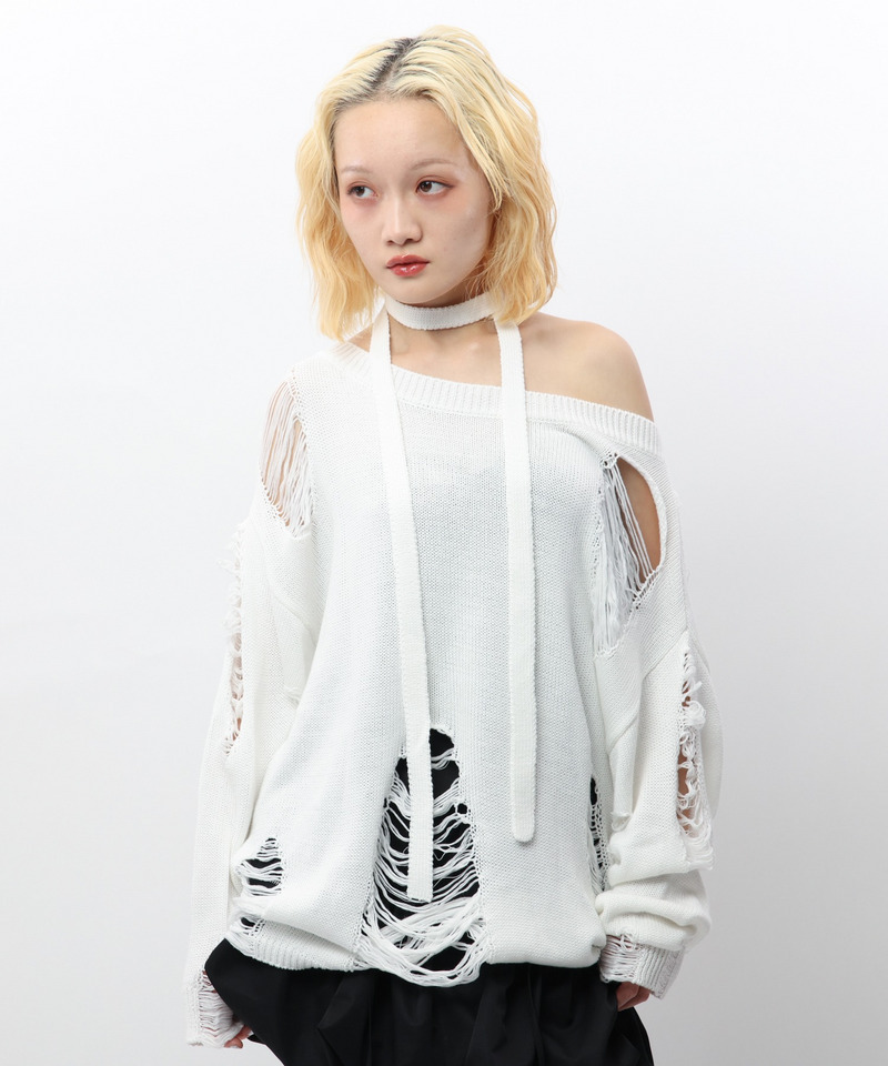 スカーフ付きダメージオーバーニット 詳細画像 ホワイト 4