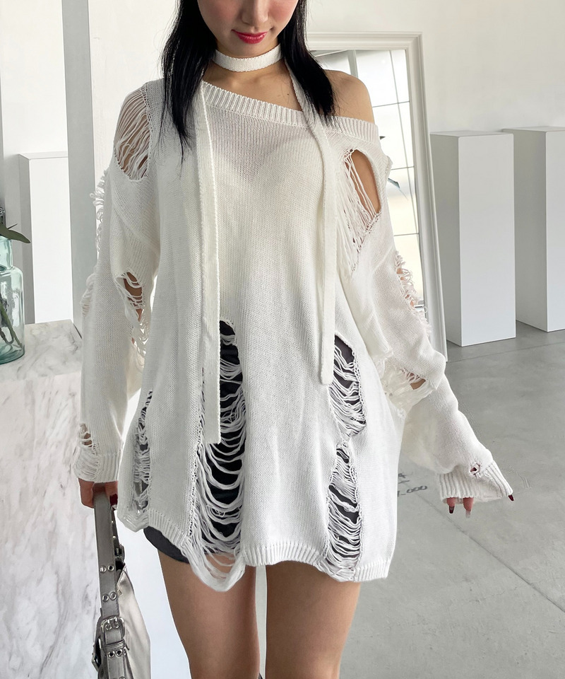 スカーフ付きダメージオーバーニット 詳細画像 ホワイト 5