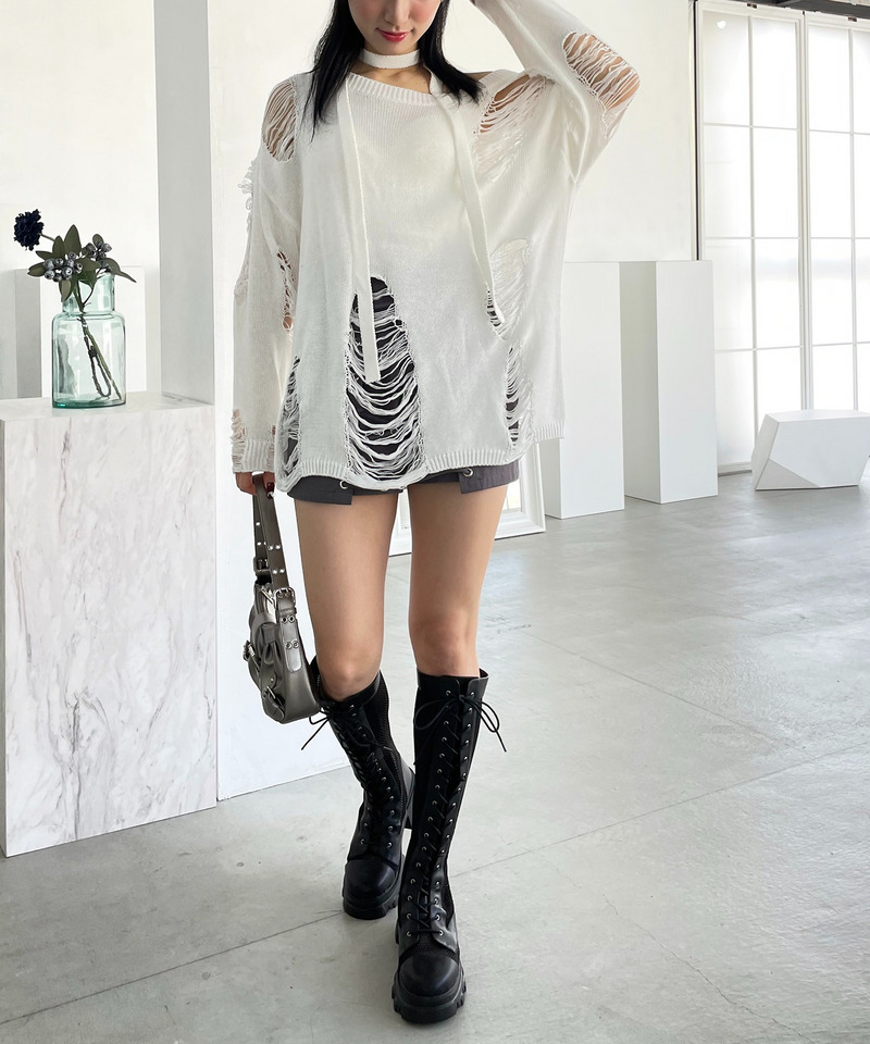 スカーフ付きダメージオーバーニット 詳細画像 ホワイト 7