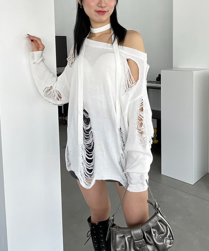 スカーフ付きダメージオーバーニット 詳細画像 ホワイト 8