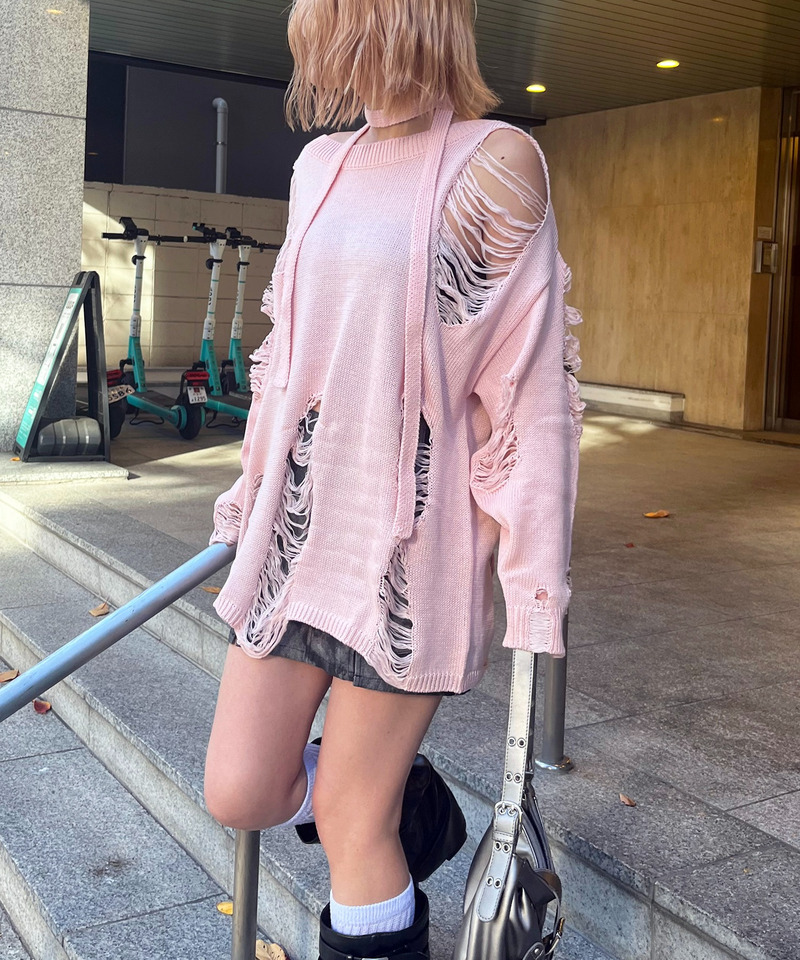 スカーフ付きダメージオーバーニット 詳細画像 ピンク 3