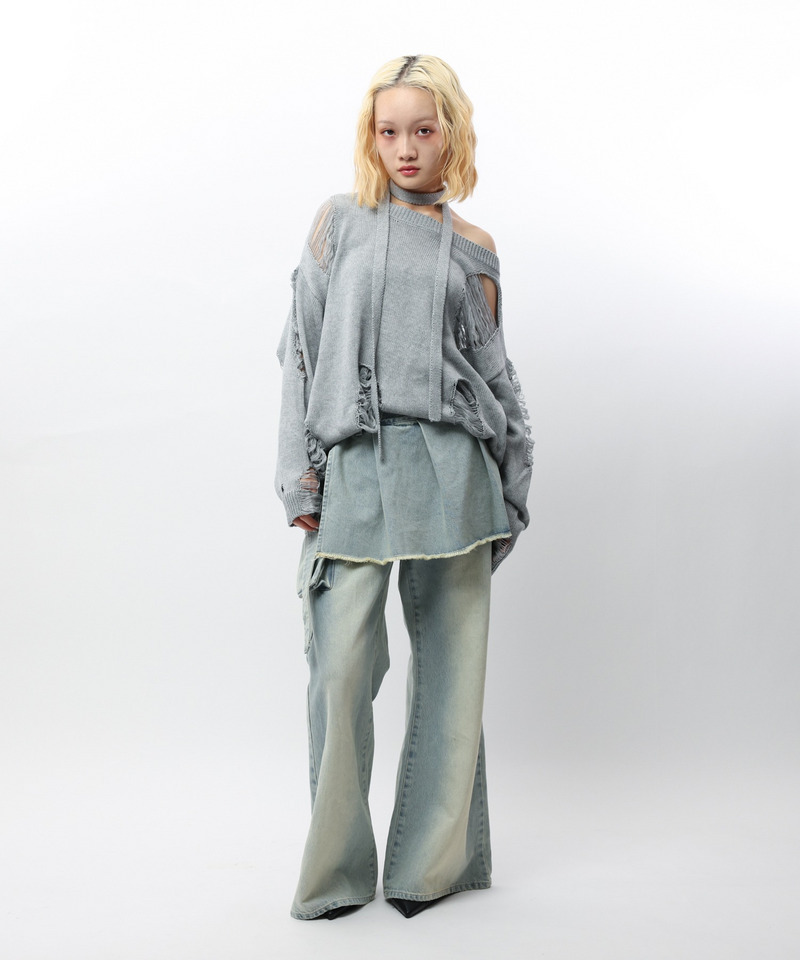 スカーフ付きダメージオーバーニット 詳細画像 グレー 10