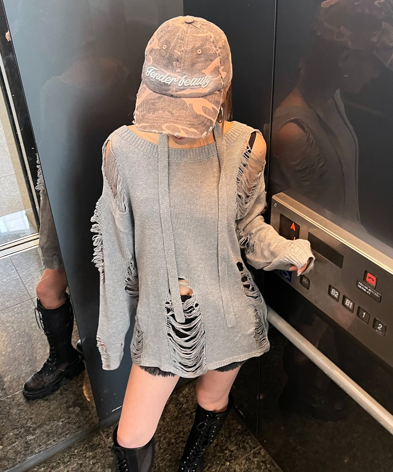 スカーフ付きダメージオーバーニット 詳細画像 グレー 3