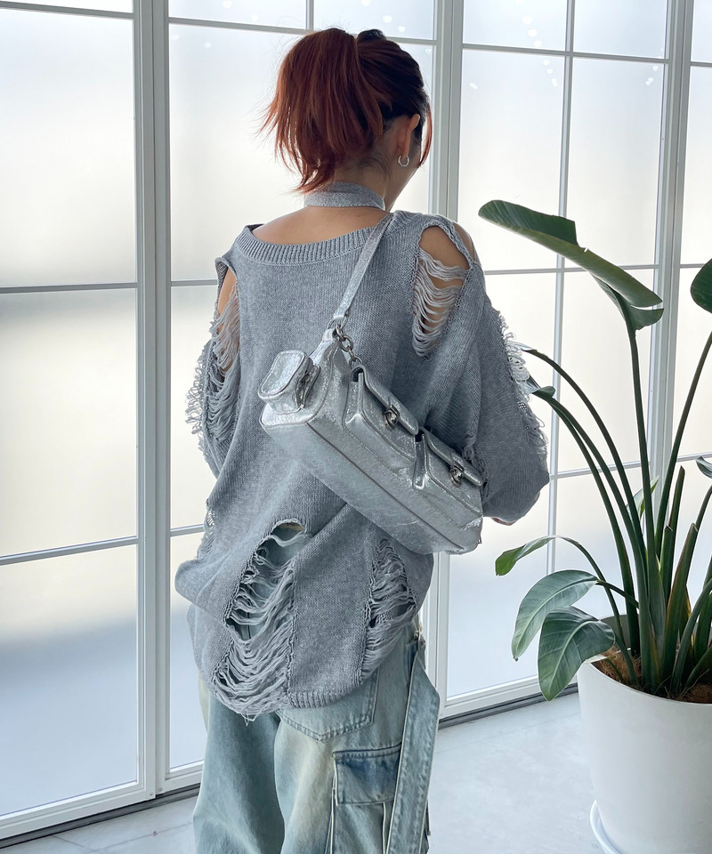 スカーフ付きダメージオーバーニット 詳細画像 グレー 6