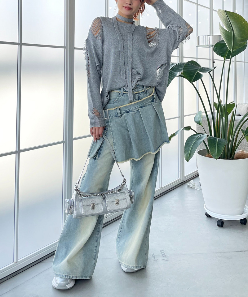 スカーフ付きダメージオーバーニット 詳細画像 グレー 7