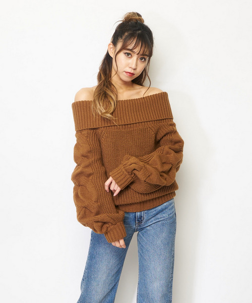 ボリュームスリーブオフショルダーニット 詳細画像