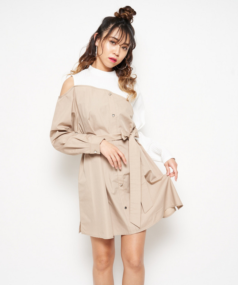 アシンメトリーヘム切替ワンピース 詳細画像 ベージュ 2