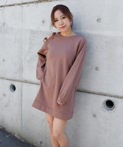 アシメショルダー裏毛ミニワンピース 詳細画像