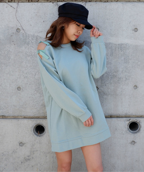 アシメショルダー裏毛ミニワンピース 詳細画像