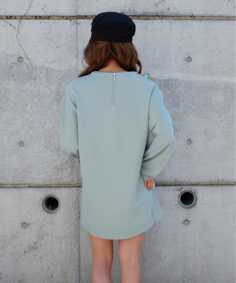 アシメショルダー裏毛ミニワンピース 詳細画像 グリーン 3